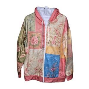 Floral Patchwork Zip-up Hoodie Vintage Boho 3D Print Women Size Large